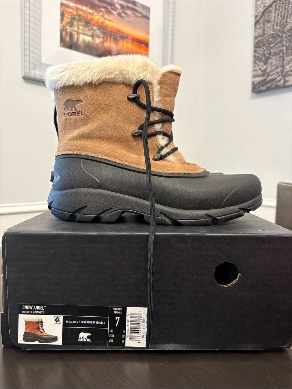 Sorel Snow Angel Boot in Chestnut and Black with Faux Fur Cuff